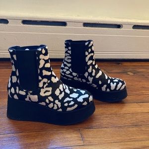 Intentionally Blank boots. Calf pony fur in black and white animal print.